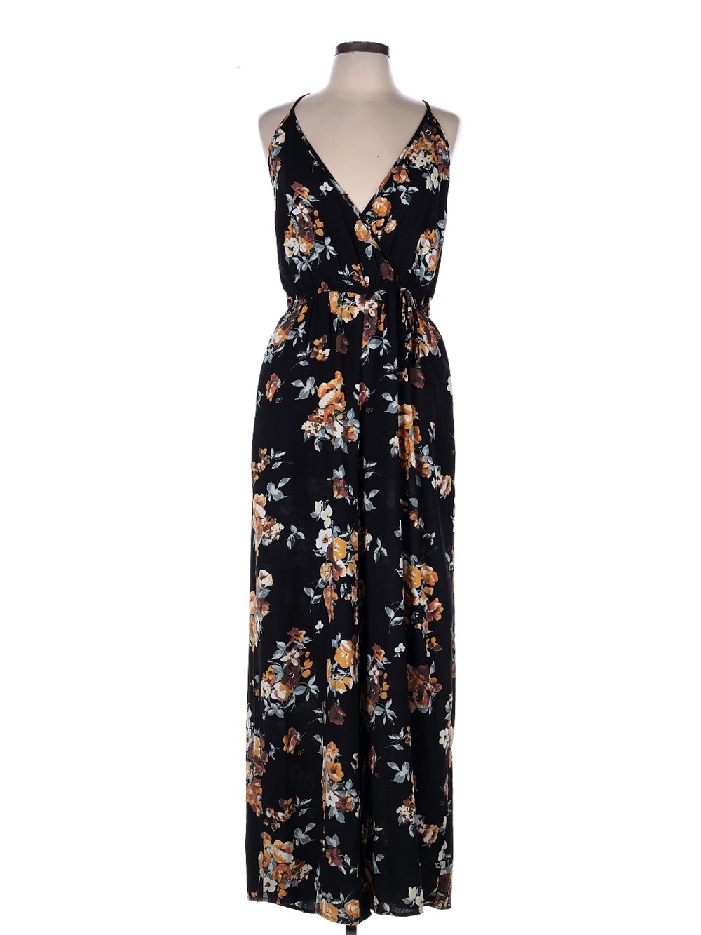 Floral Black Maxi Wrap Dress with Spaghetti Straps